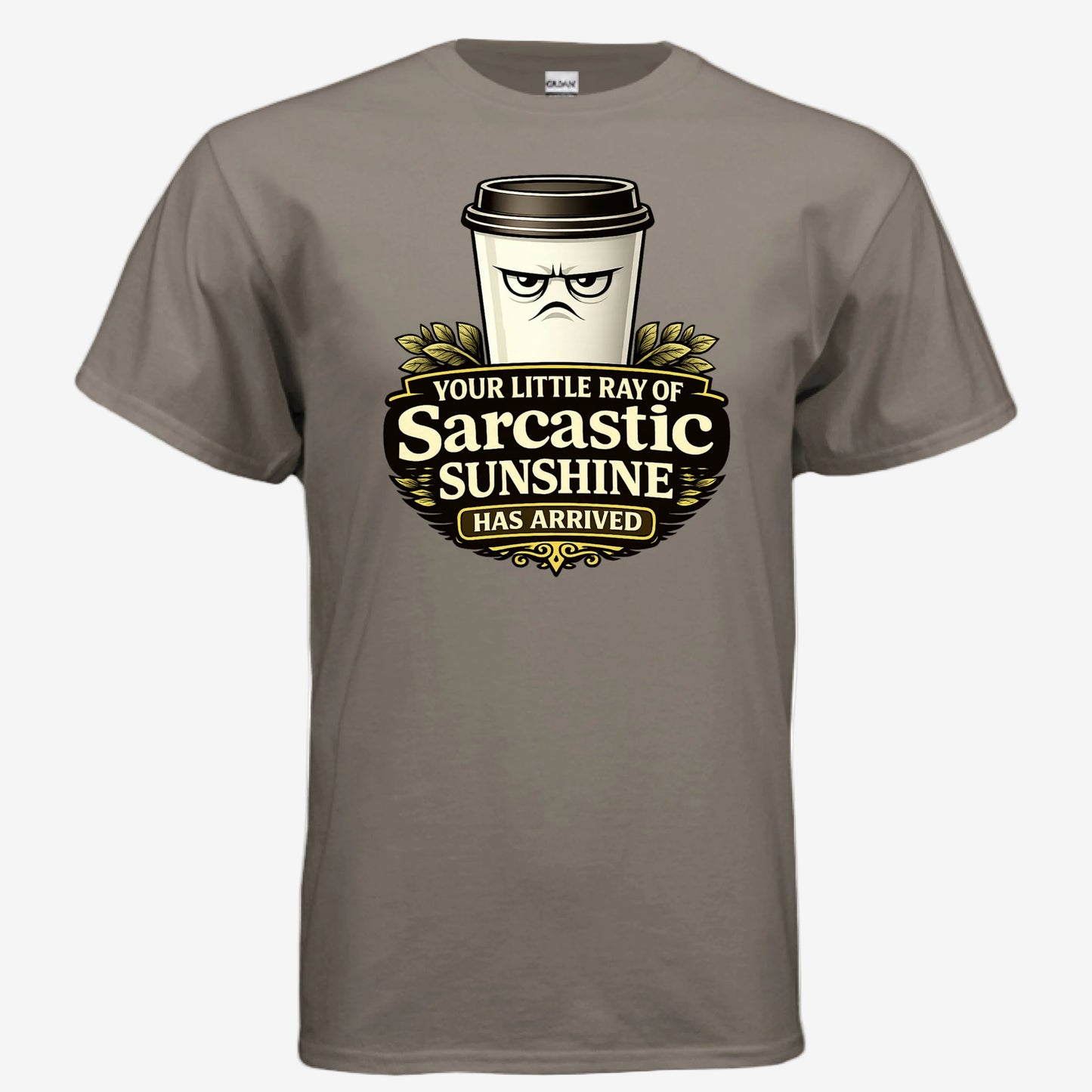 Sarcastic Sunshine Coffee unisex graphic t-shirt in brown savana, front view