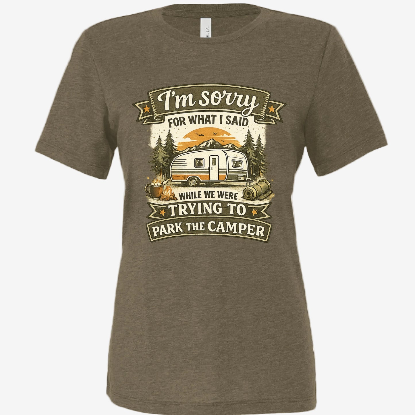 Sorry for What I Said While Trying to Park the RV women’s relaxed triblend t-shirt in olive, front view