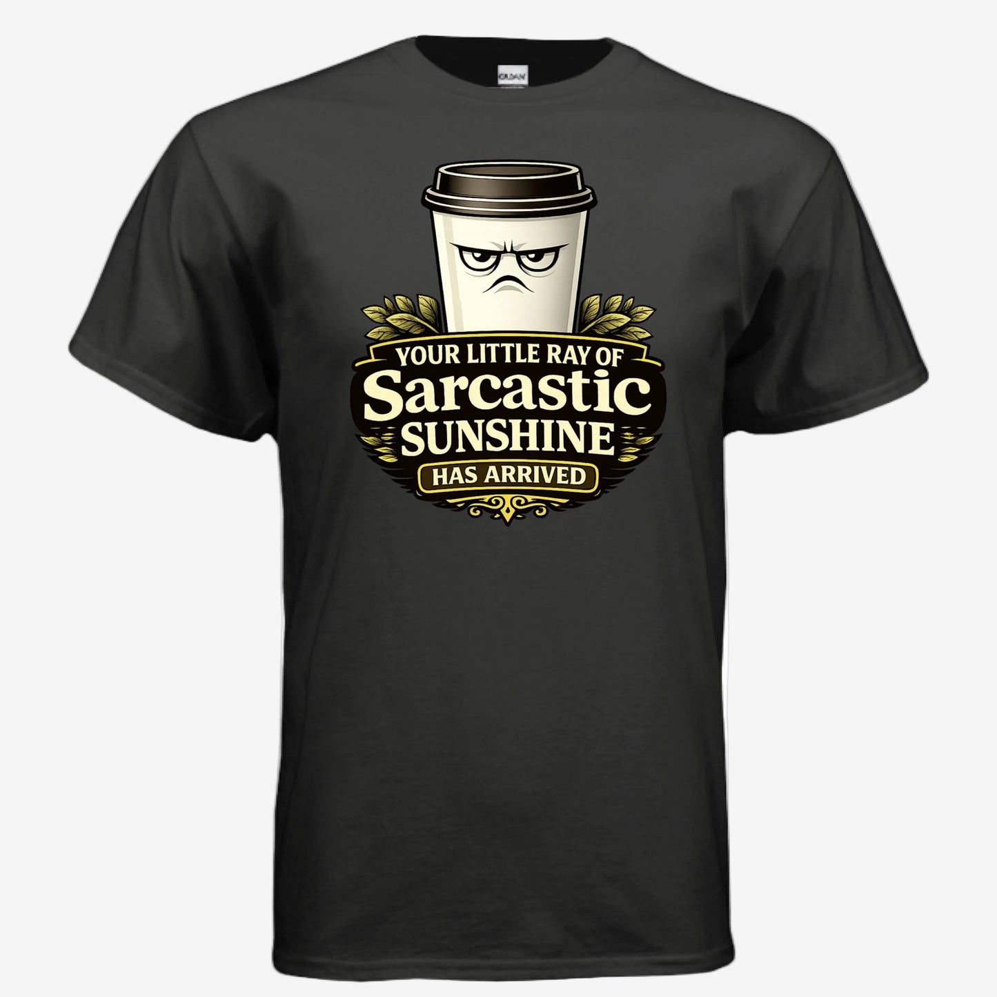 Sarcastic Sunshine Coffee unisex graphic t-shirt in black, front view