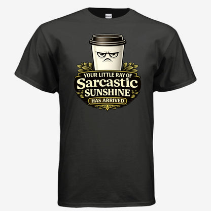 Sarcastic Sunshine Coffee unisex graphic t-shirt in black, front view