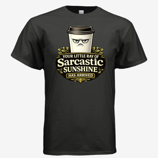 Sarcastic Sunshine Coffee unisex graphic t-shirt in black, front view