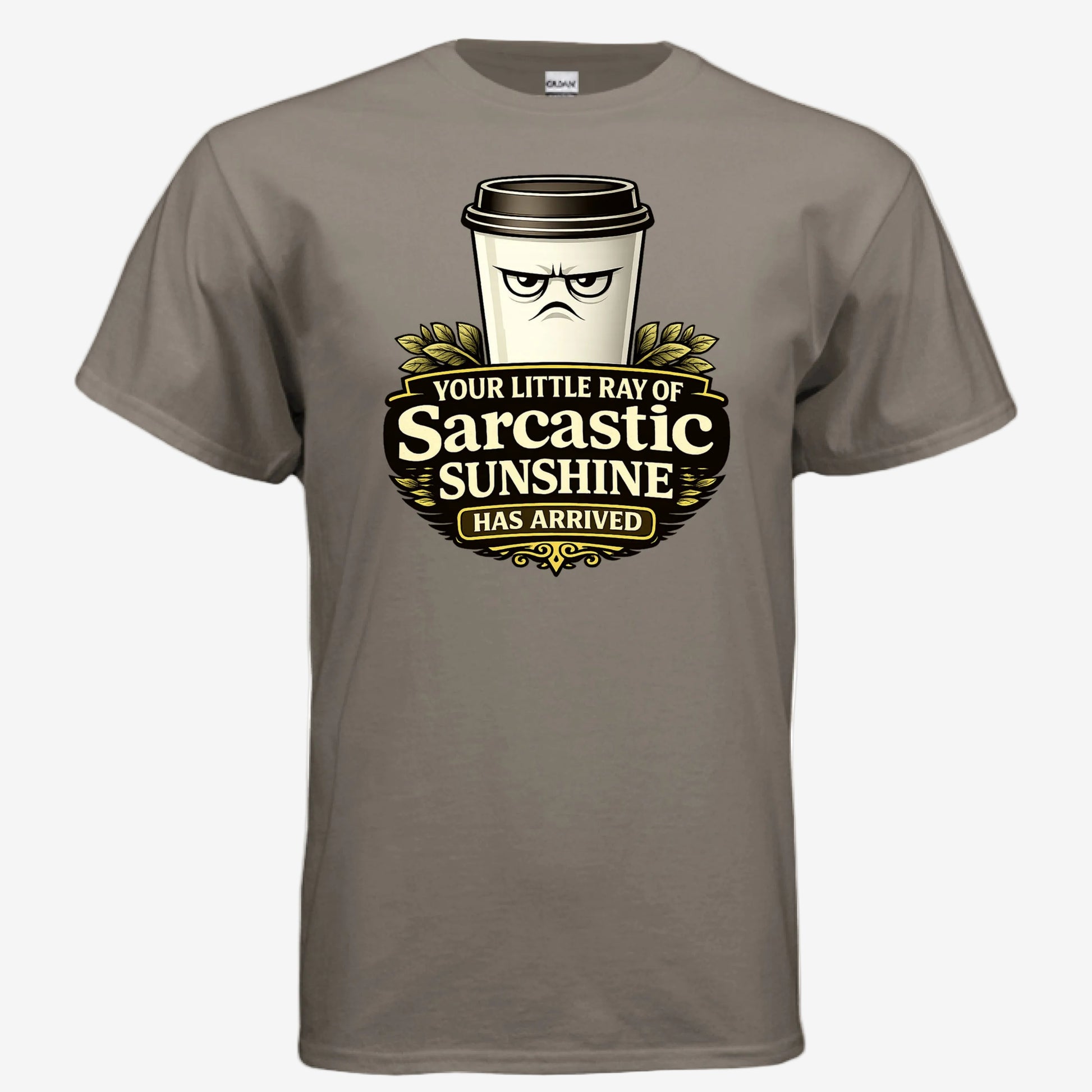 Sarcastic Sunshine Coffee unisex graphic t-shirt in brown savana, front view