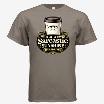 Sarcastic Sunshine Coffee unisex graphic t-shirt in brown savana, front view
