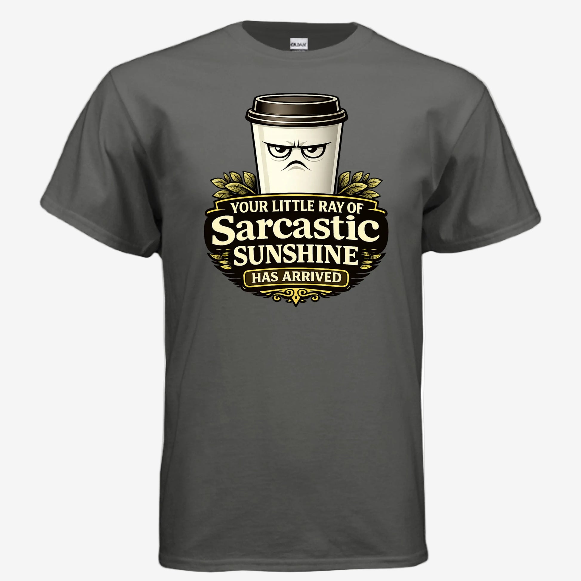 Sarcastic Sunshine Coffee unisex graphic t-shirt in charcoal, front view