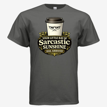 Sarcastic Sunshine Coffee unisex graphic t-shirt in charcoal, front view