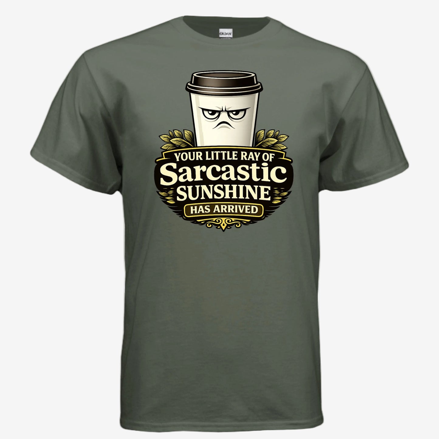 Sarcastic Sunshine Coffee unisex graphic t-shirt in military green, front view