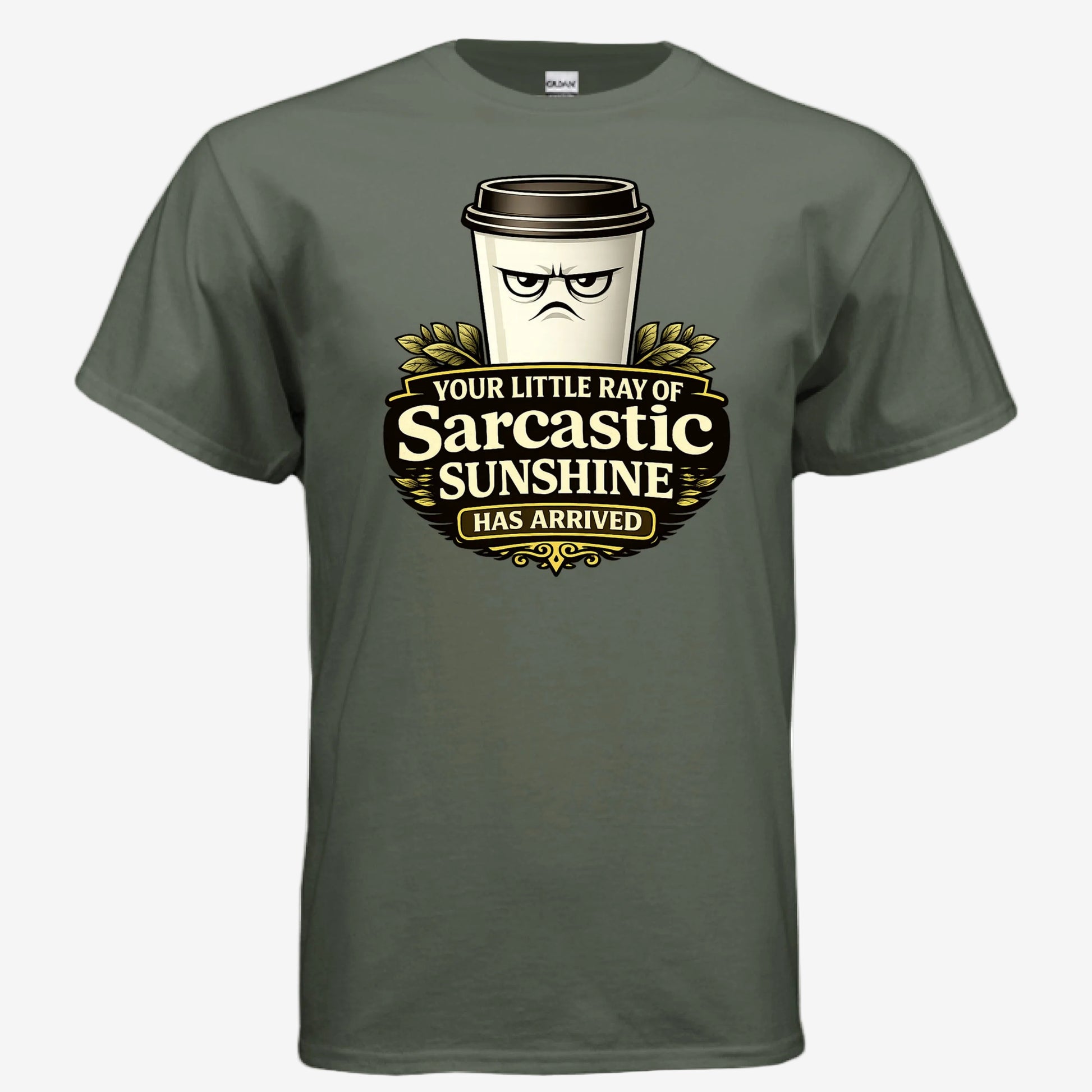 Sarcastic Sunshine Coffee unisex graphic t-shirt in military green, front view