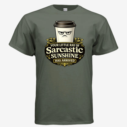 Sarcastic Sunshine Coffee unisex graphic t-shirt in military green, front view