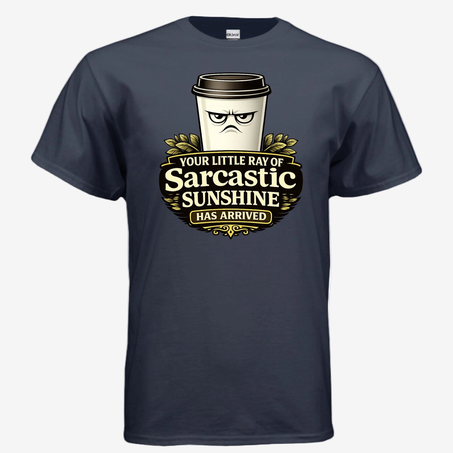 Sarcastic Sunshine Coffee unisex graphic t-shirt in navy, front view