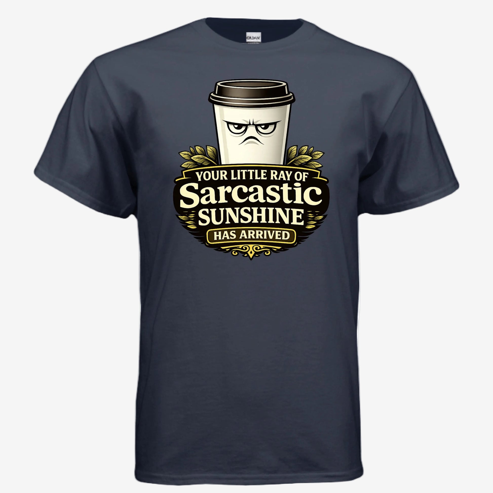 Sarcastic Sunshine Coffee unisex graphic t-shirt in navy, front view