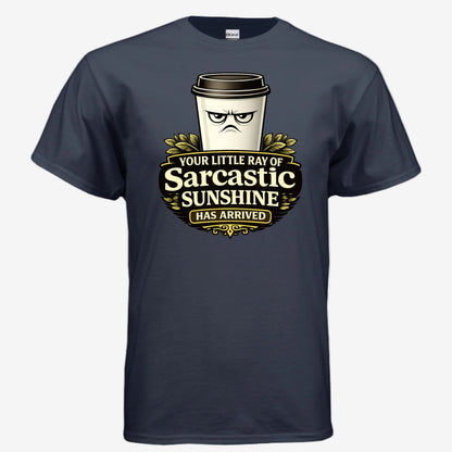 Sarcastic Sunshine Coffee unisex graphic t-shirt in navy, front view