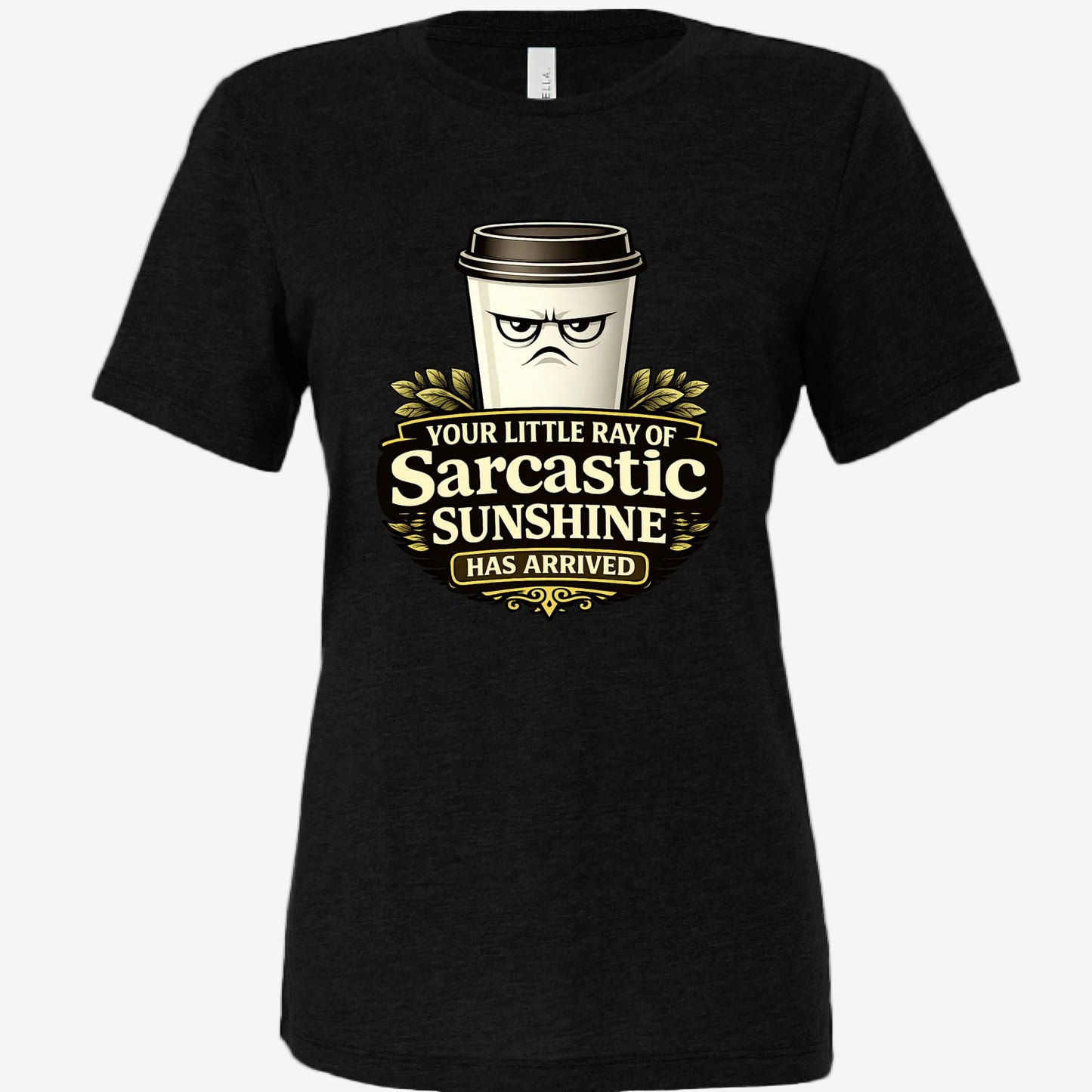 Sarcastic Sunshine Coffee women’s relaxed fit graphic t-shirt in black, front view