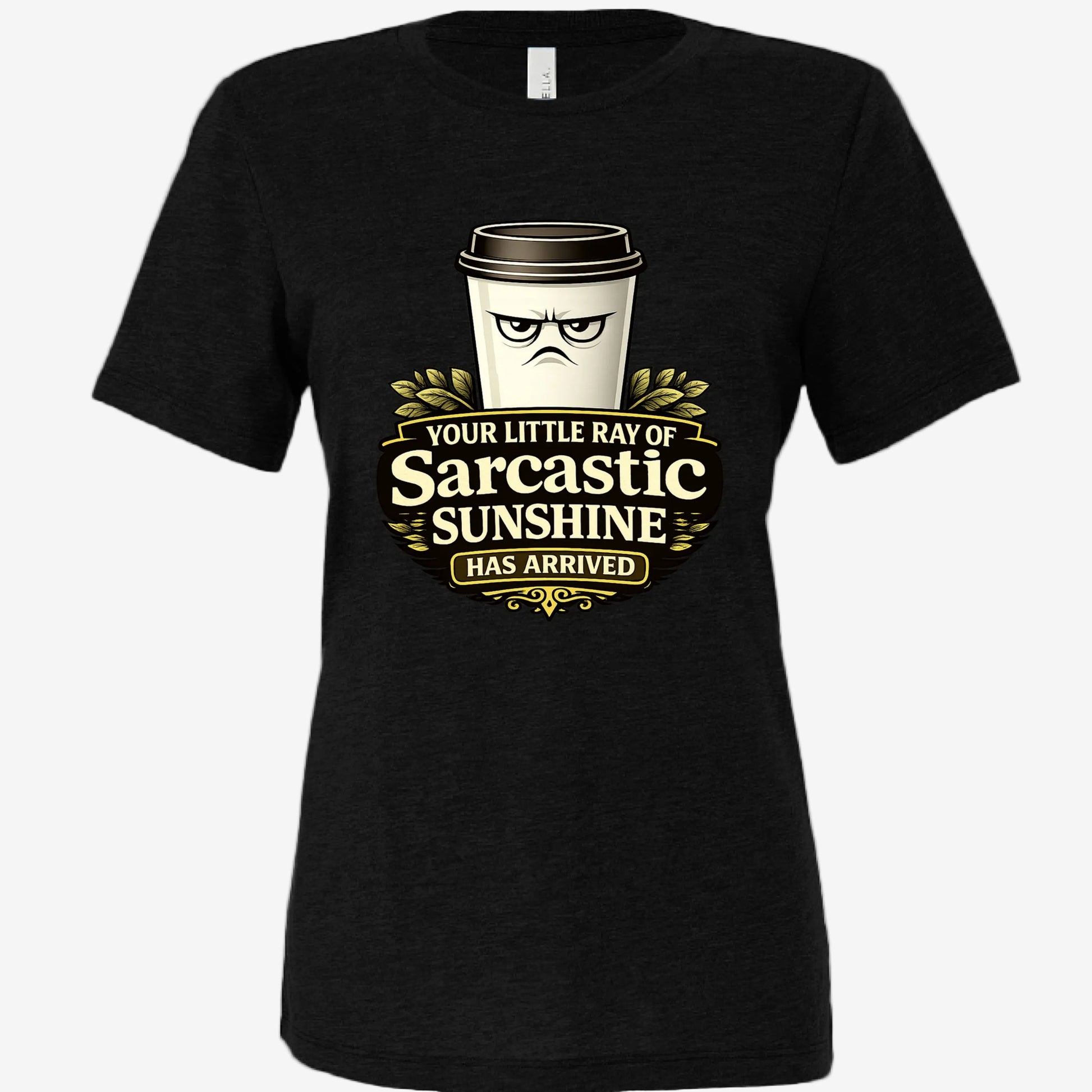 Sarcastic Sunshine Coffee women’s relaxed fit graphic t-shirt in black, front view