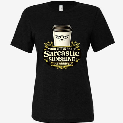 Sarcastic Sunshine Coffee women’s relaxed fit graphic t-shirt in black, front view