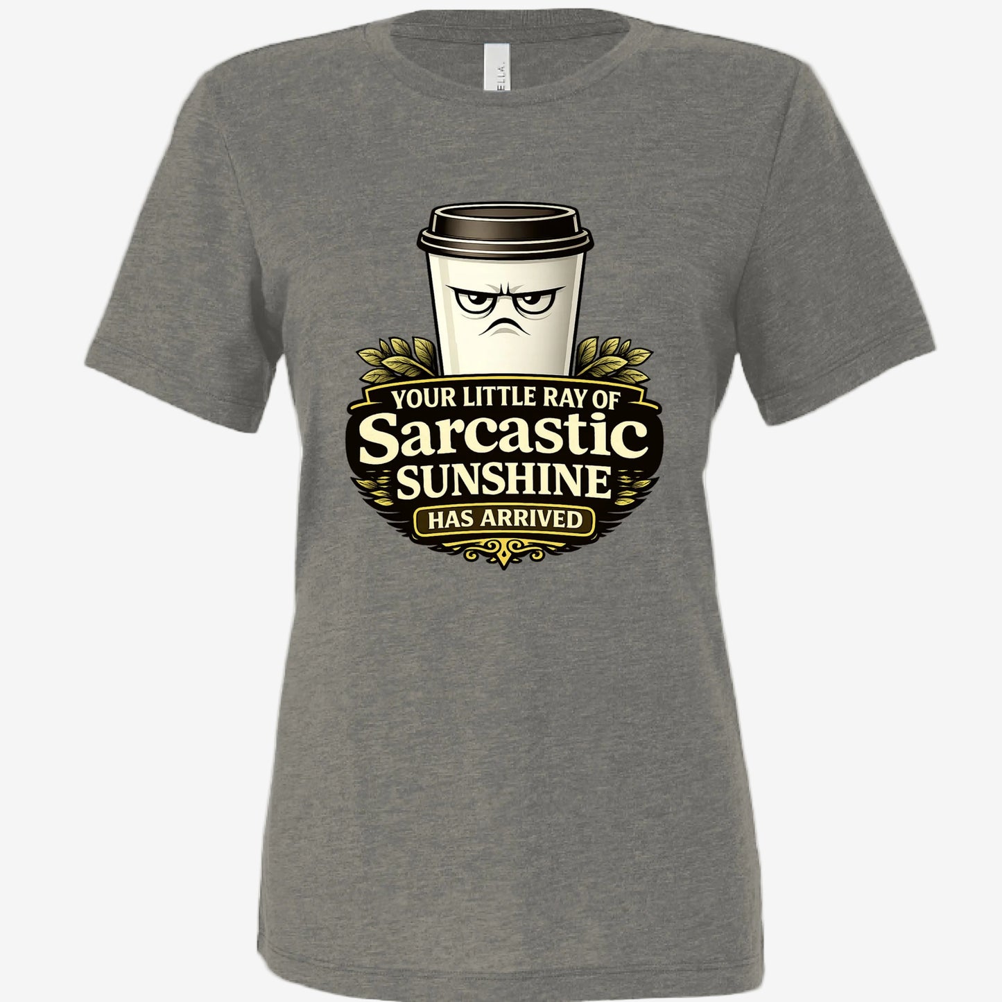 Sarcastic Sunshine Coffee women’s relaxed fit graphic t-shirt in charcoal black, front view