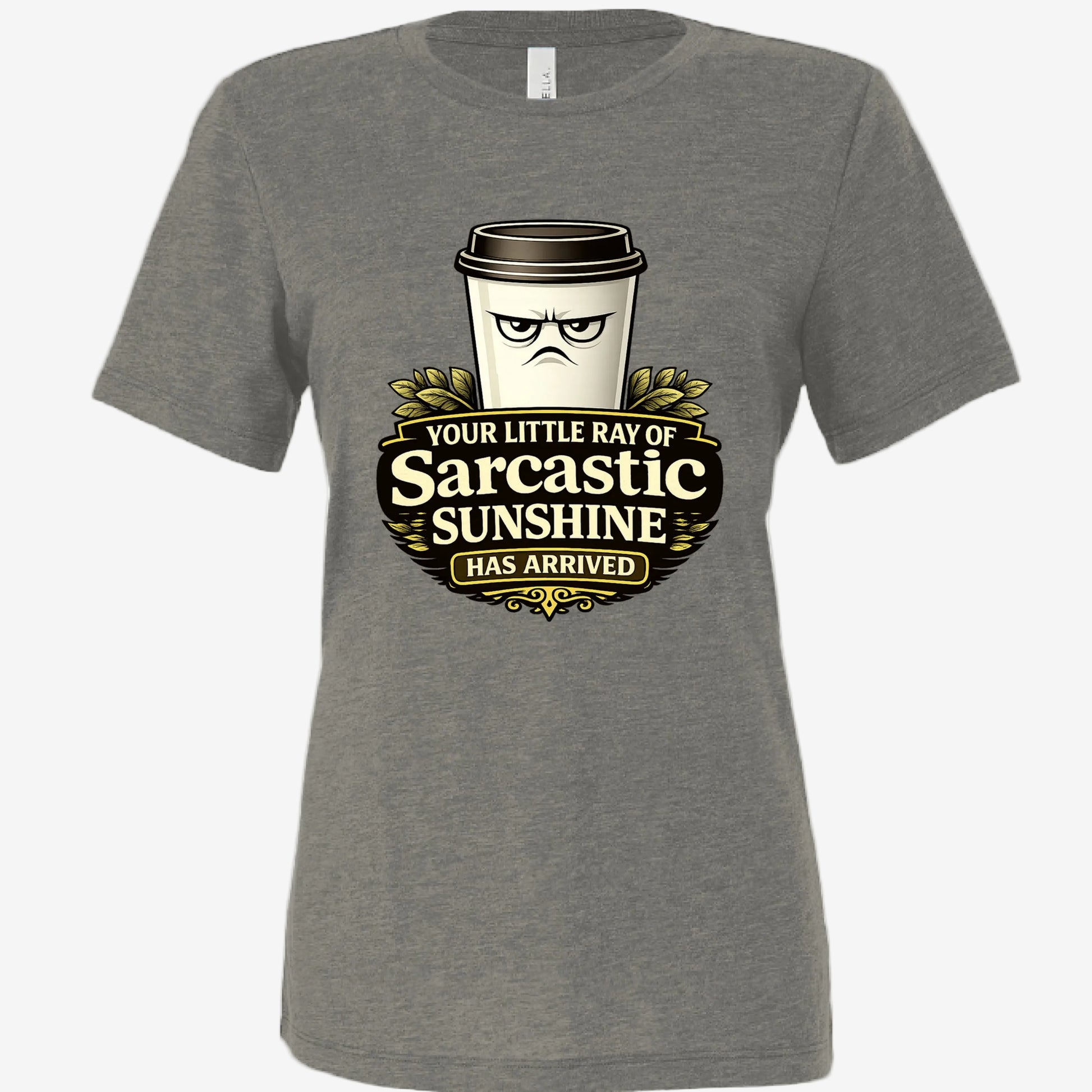 Sarcastic Sunshine Coffee women’s relaxed fit graphic t-shirt in charcoal black, front view