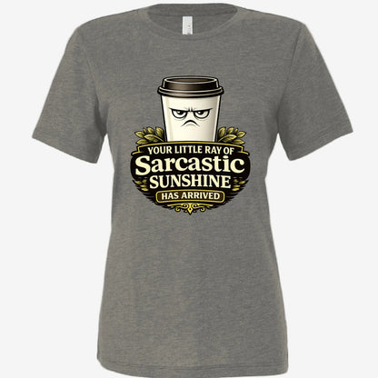 Sarcastic Sunshine Coffee women’s relaxed fit graphic t-shirt in charcoal black, front view