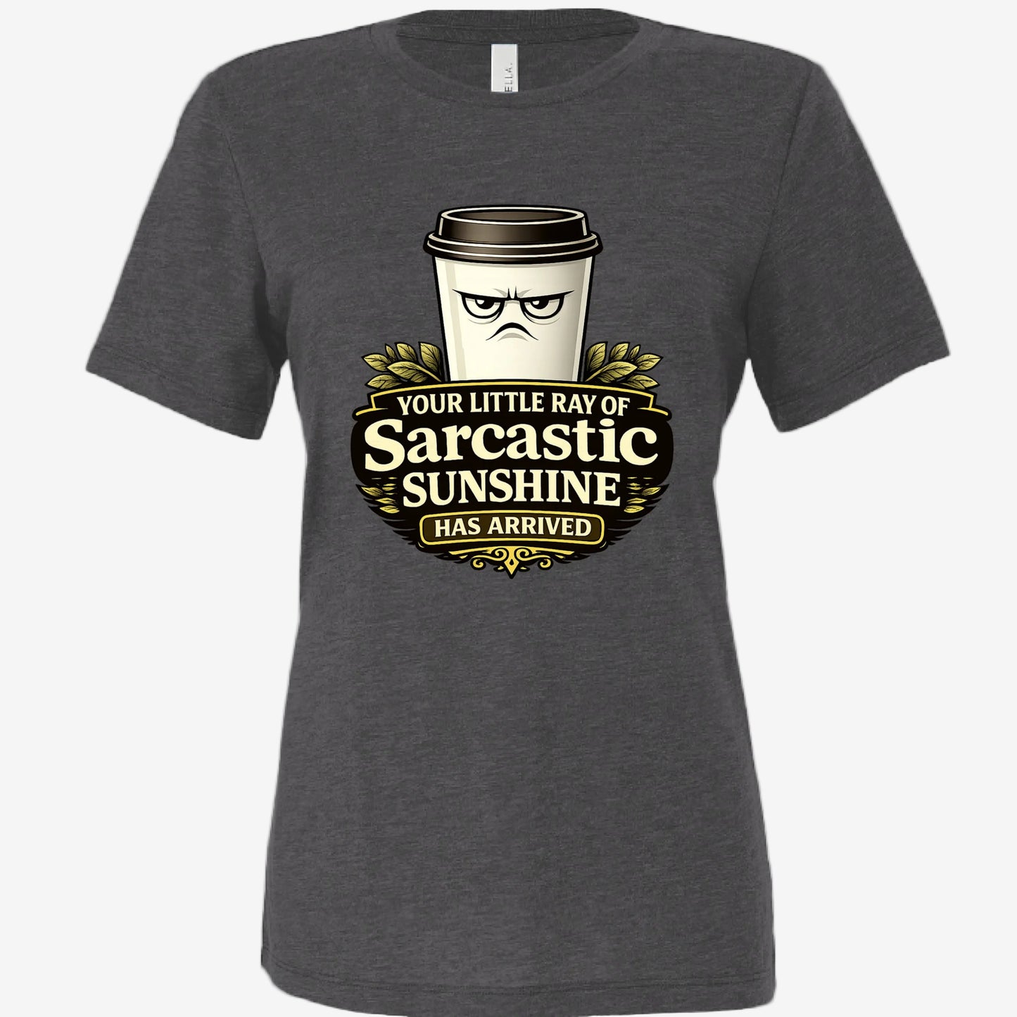 Sarcastic Sunshine Coffee women’s relaxed fit graphic t-shirt in dark gray, front view