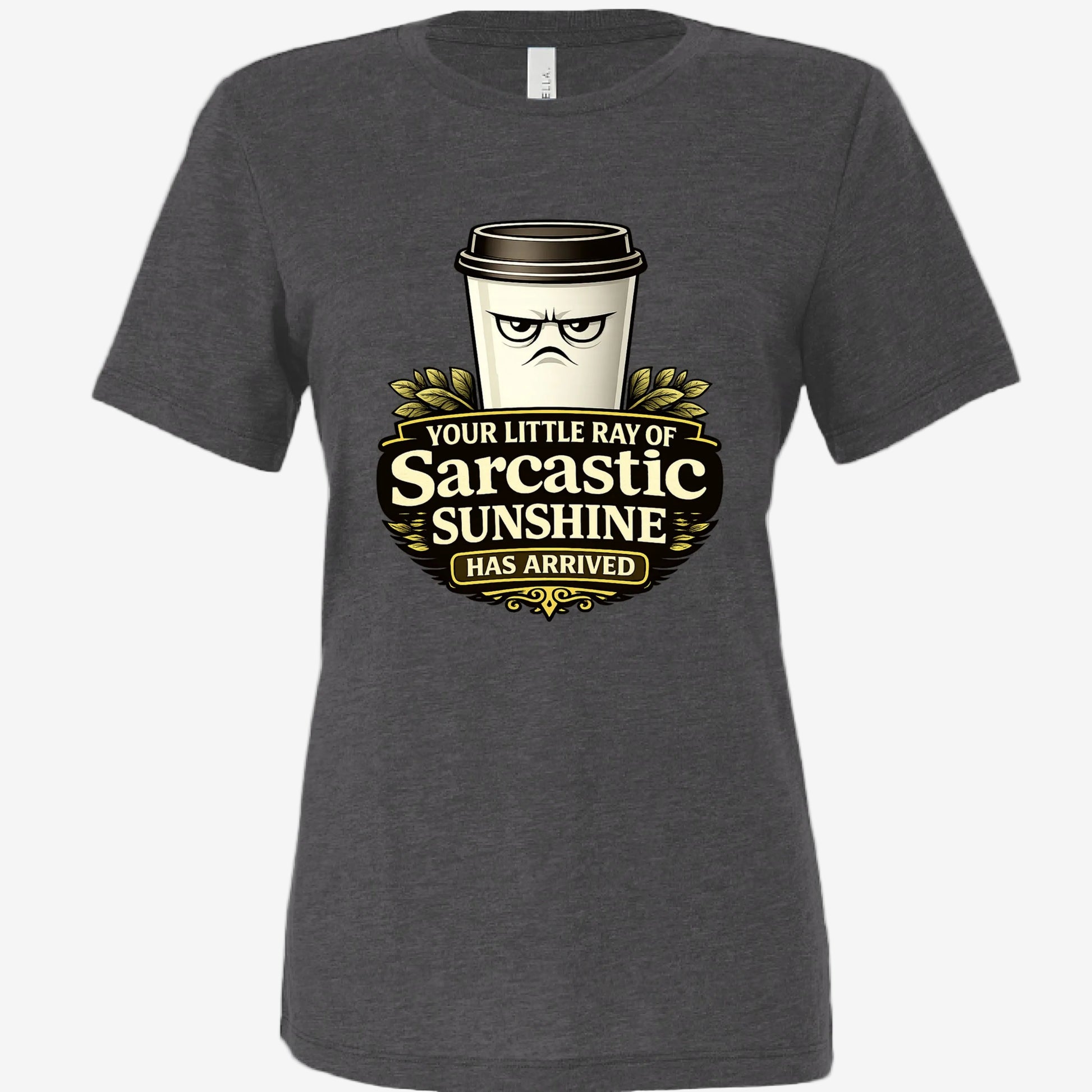 Sarcastic Sunshine Coffee women’s relaxed fit graphic t-shirt in dark gray, front view