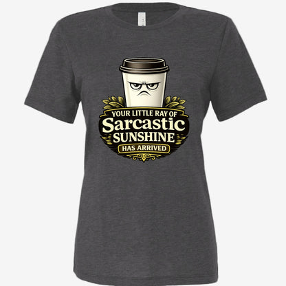 Sarcastic Sunshine Coffee women’s relaxed fit graphic t-shirt in dark gray, front view