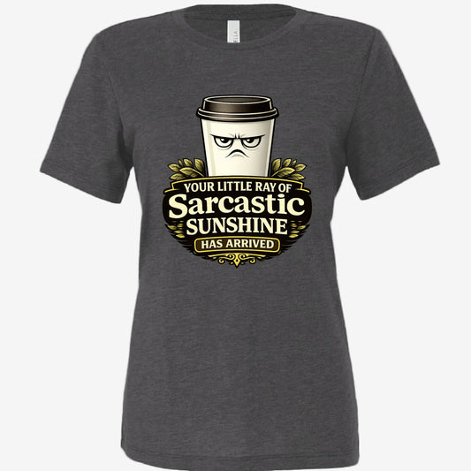 Sarcastic Sunshine Coffee women’s relaxed fit graphic t-shirt in dark gray, front view