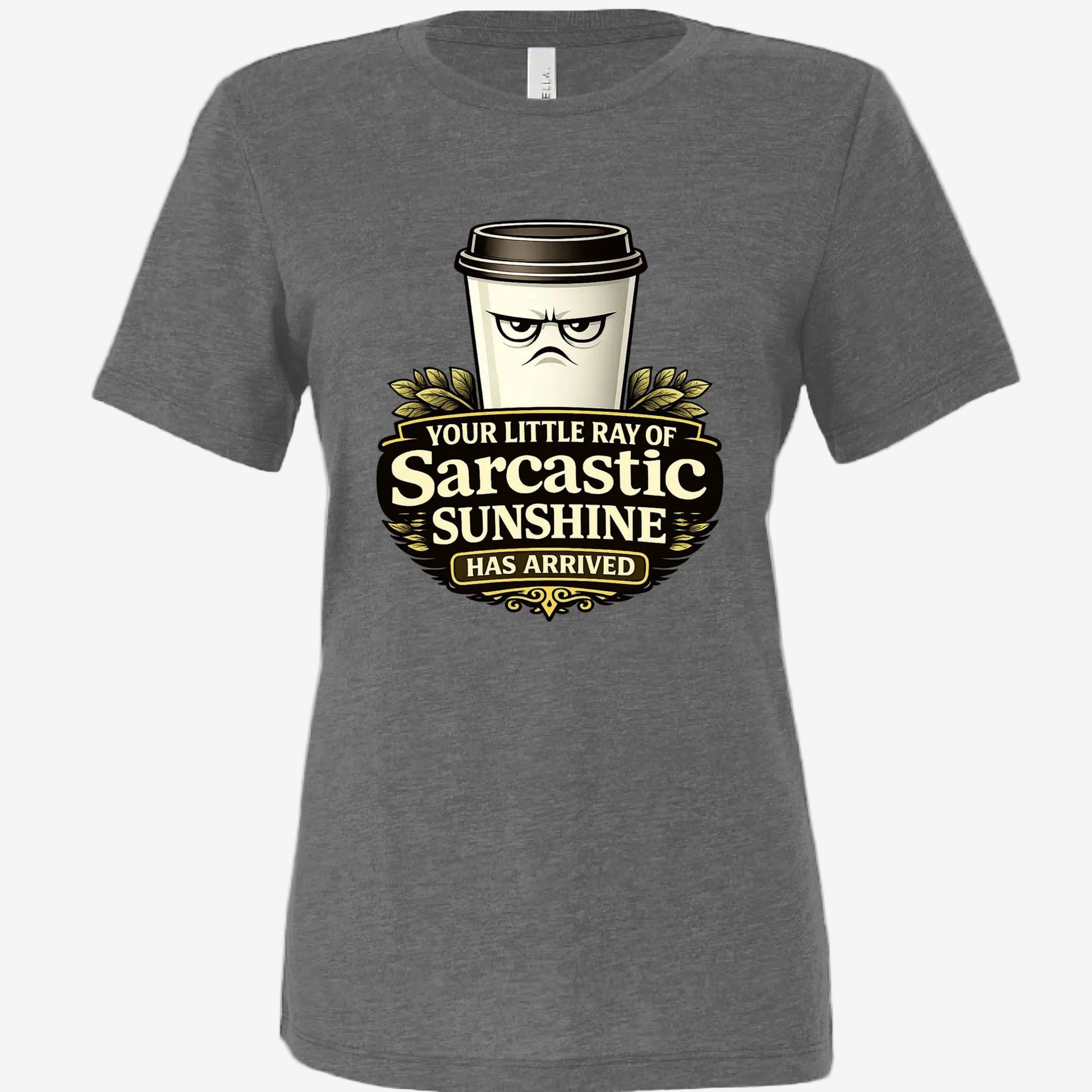 Sarcastic Sunshine Coffee women’s relaxed fit graphic t-shirt in gray, front view