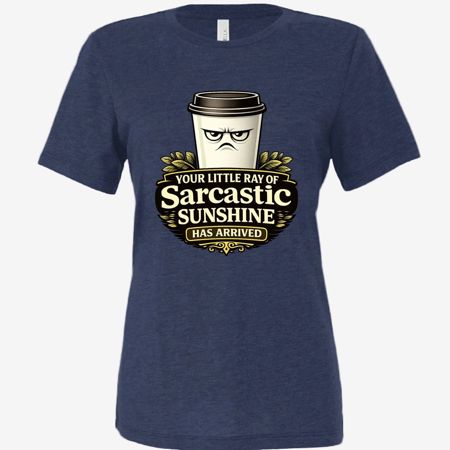 Sarcastic Sunshine Coffee women’s relaxed fit graphic t-shirt in navy, front view
