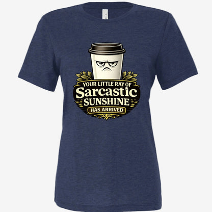 Sarcastic Sunshine Coffee women’s relaxed fit graphic t-shirt in navy, front view