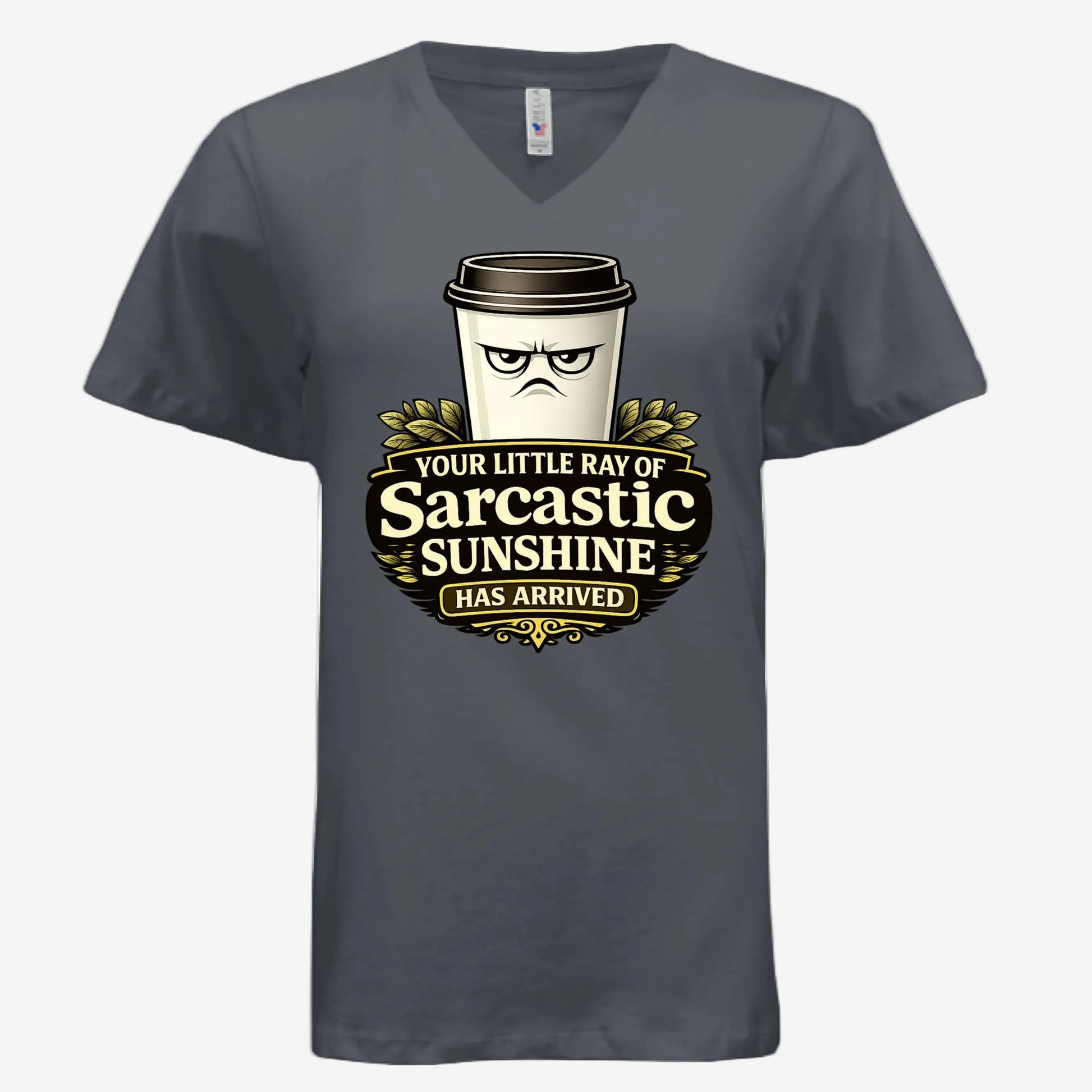 Sarcastic Sunshine Coffee women’s v-neck graphic t-shirt in asphalt, front view