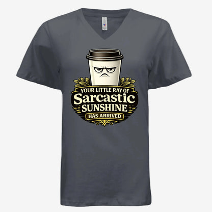 Sarcastic Sunshine Coffee women’s v-neck graphic t-shirt in asphalt, front view