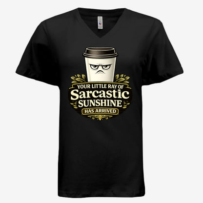 Sarcastic Sunshine Coffee women’s v-neck graphic t-shirt in black, front view