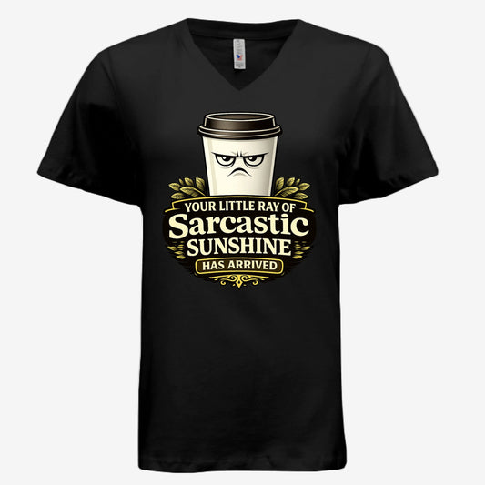 Sarcastic Sunshine Coffee women’s v-neck graphic t-shirt in black, front view