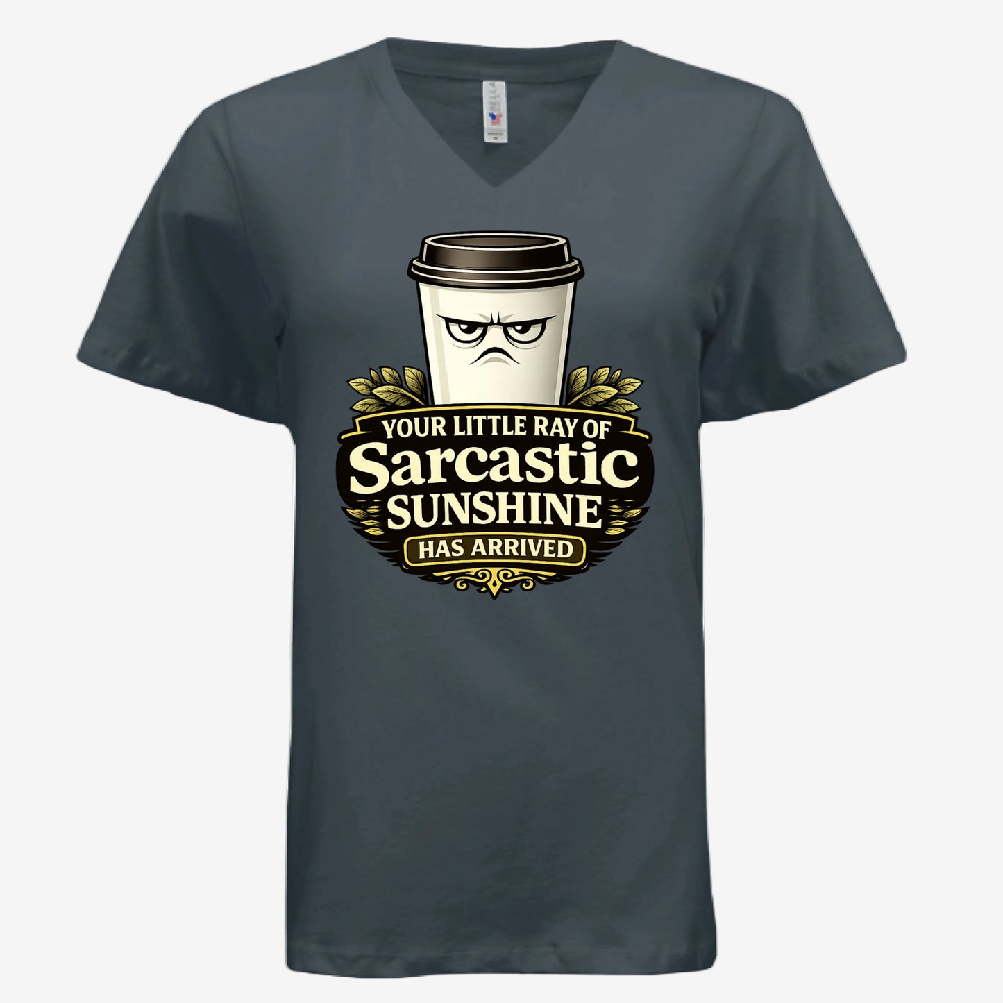Sarcastic Sunshine Coffee women’s v-neck graphic t-shirt in dark gray, front view