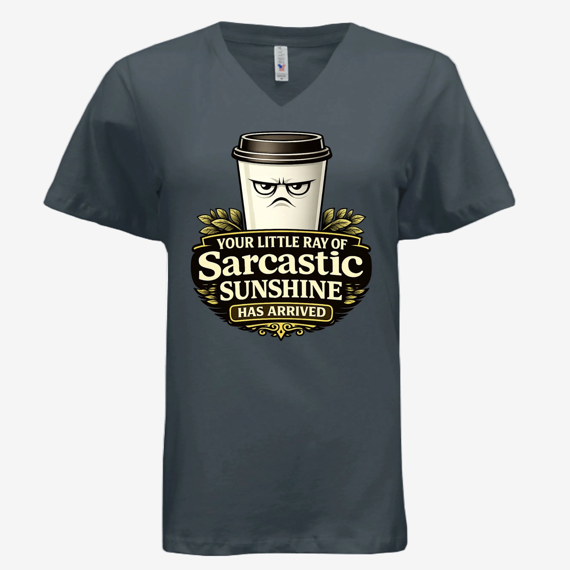 Sarcastic Sunshine Coffee women’s v-neck graphic t-shirt in dark gray, front view