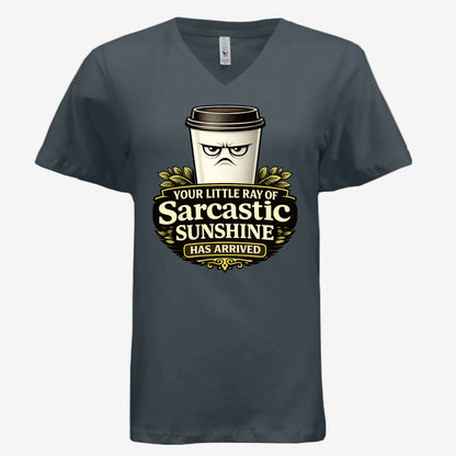 Sarcastic Sunshine Coffee women’s v-neck graphic t-shirt in dark gray, front view