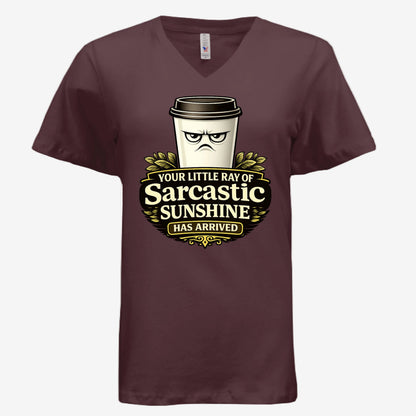 Sarcastic Sunshine Coffee women’s v-neck graphic t-shirt in maroon, front view