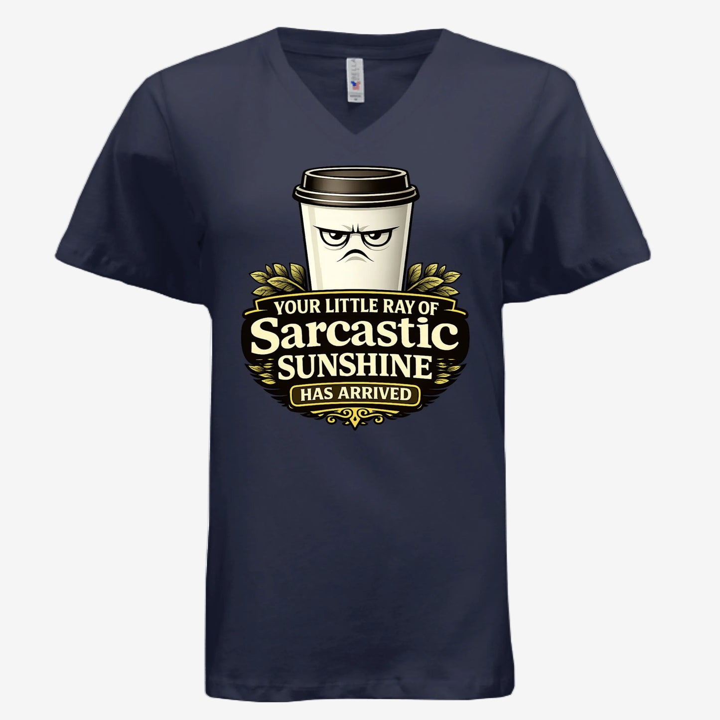 Sarcastic Sunshine Coffee women’s v-neck graphic t-shirt in navy, front view
