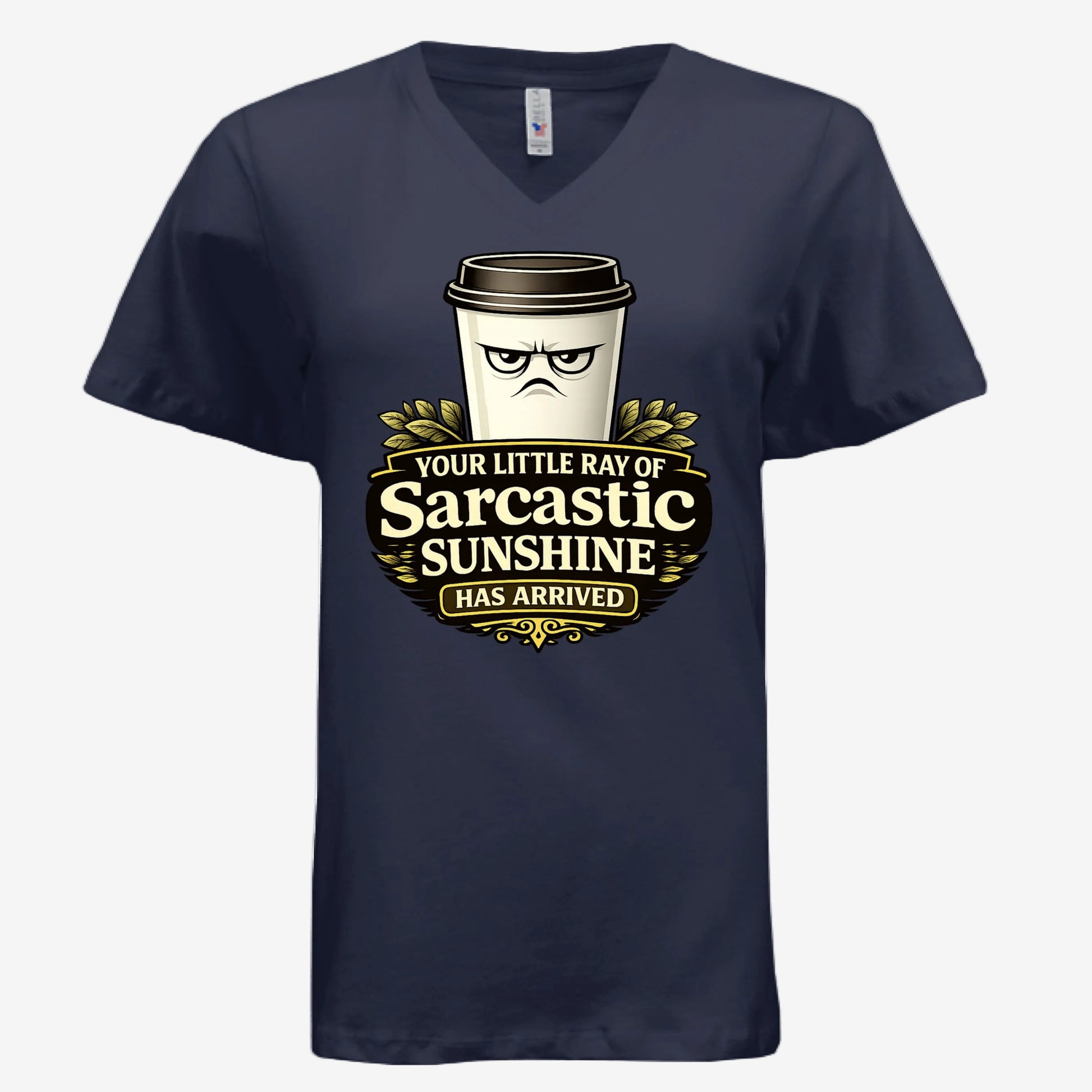 Sarcastic Sunshine Coffee women’s v-neck graphic t-shirt in navy, front view