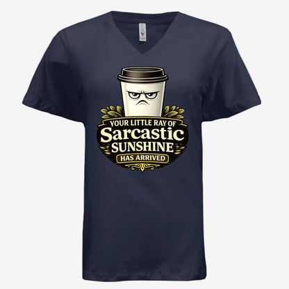 Sarcastic Sunshine Coffee women’s v-neck graphic t-shirt in navy, front view