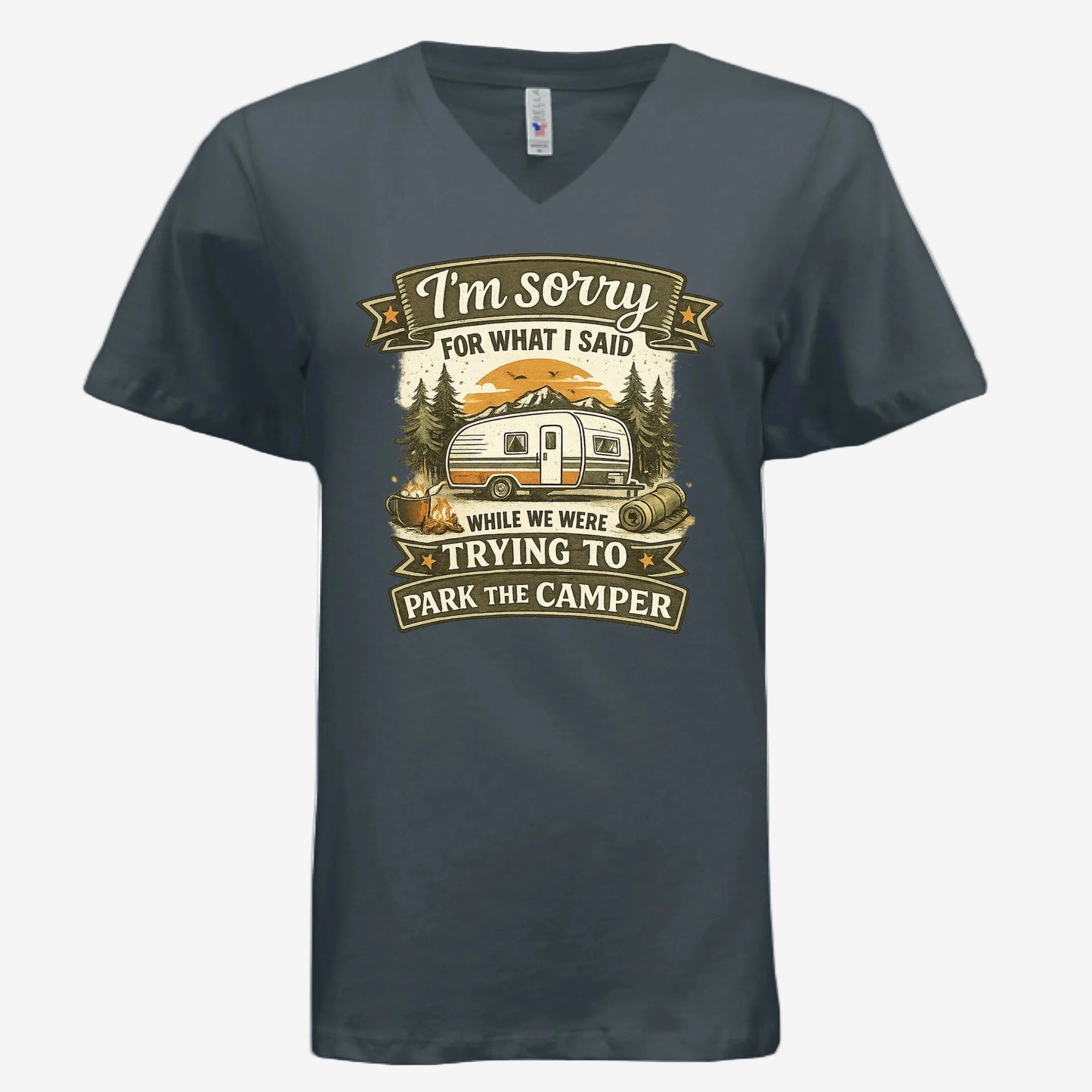 Sorry for What I Said While Parking the RV women’s v-neck graphic t-shirt in dark gray, front view