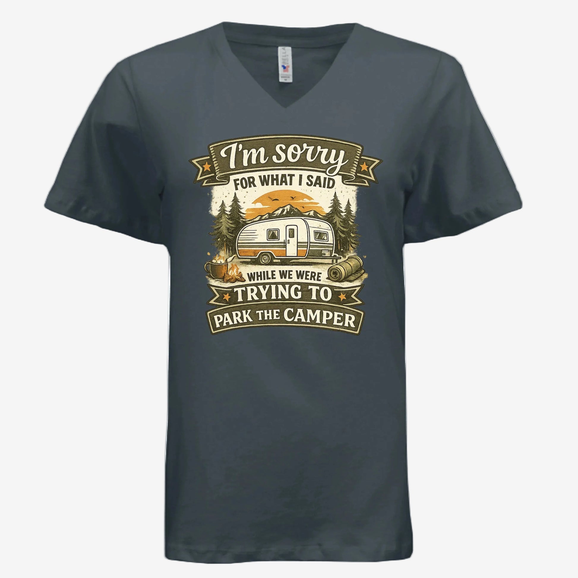 Sorry for What I Said While Parking the RV women’s v-neck graphic t-shirt in dark gray, front view