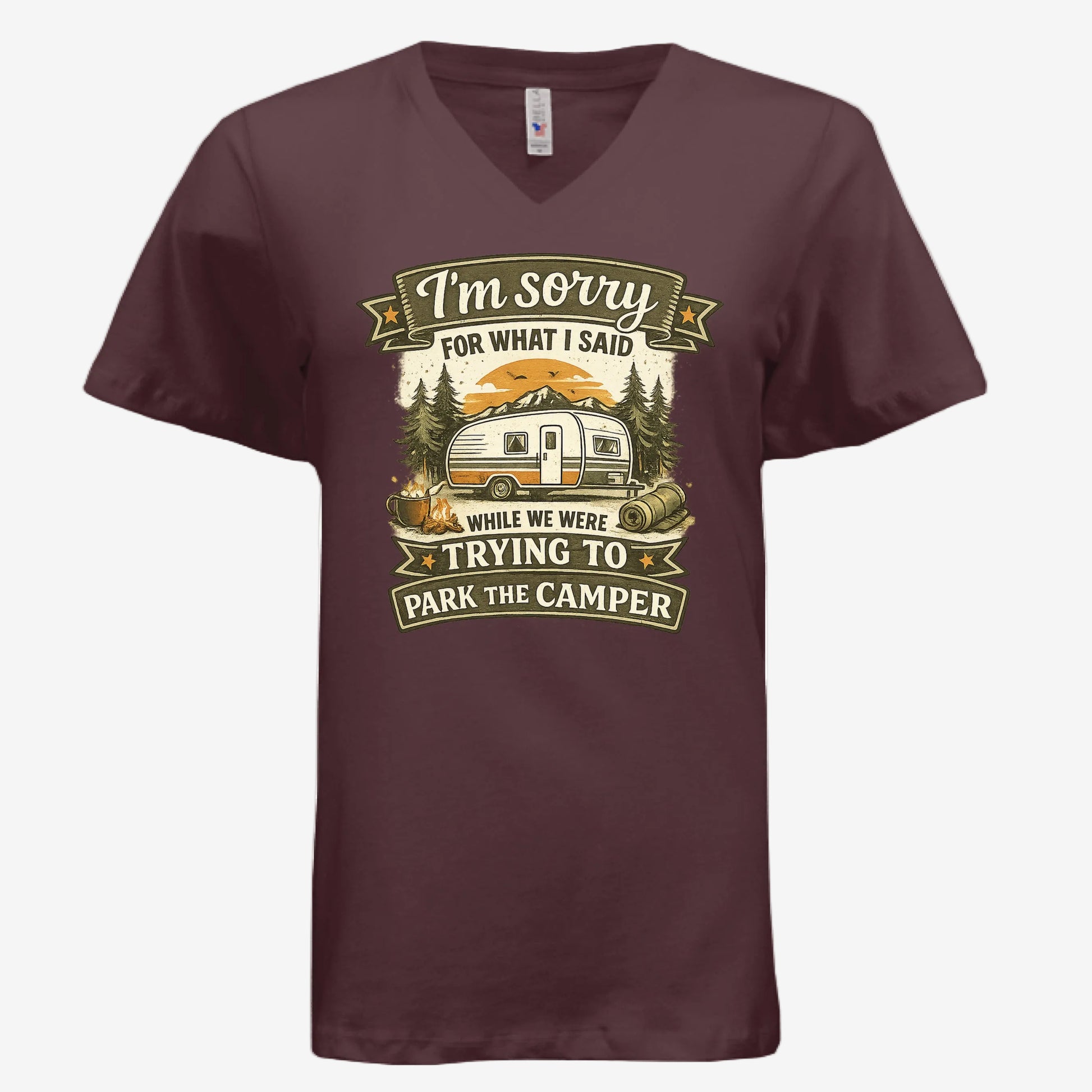 Sorry for What I Said While Parking the RV women’s v-neck graphic t-shirt in maroon, front view