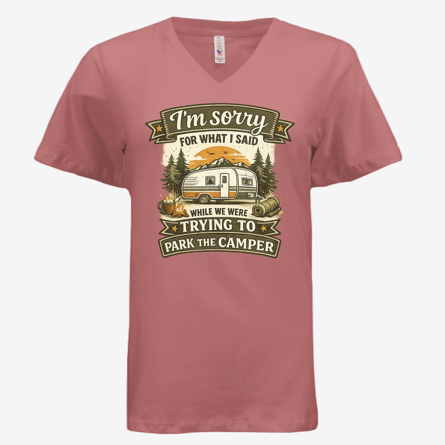 Sorry for What I Said While Parking the RV women’s v-neck graphic t-shirt in mauve, front view