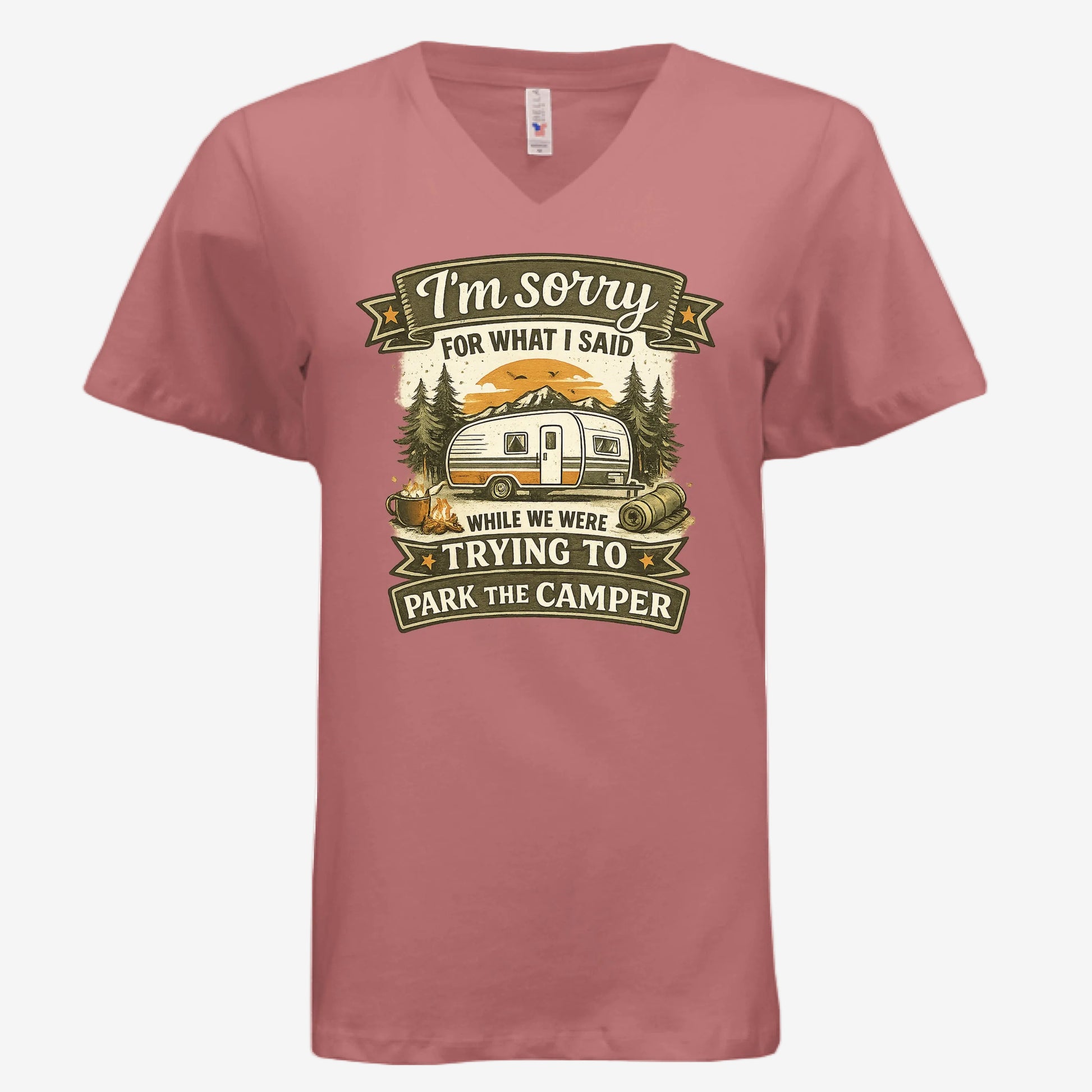 Sorry for What I Said While Parking the RV women’s v-neck graphic t-shirt in mauve, front view