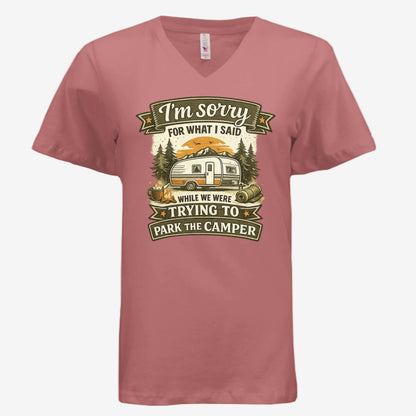 Sorry for What I Said While Parking the RV women’s v-neck graphic t-shirt in mauve, front view