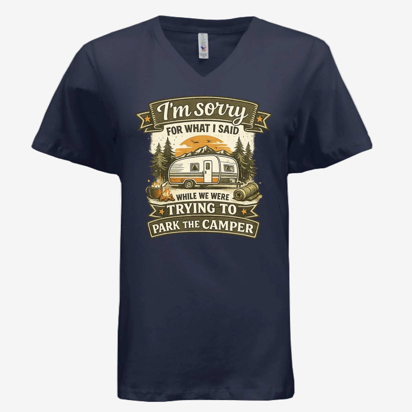 Sorry for What I Said While Parking the RV women’s v-neck graphic t-shirt in navy, front view
