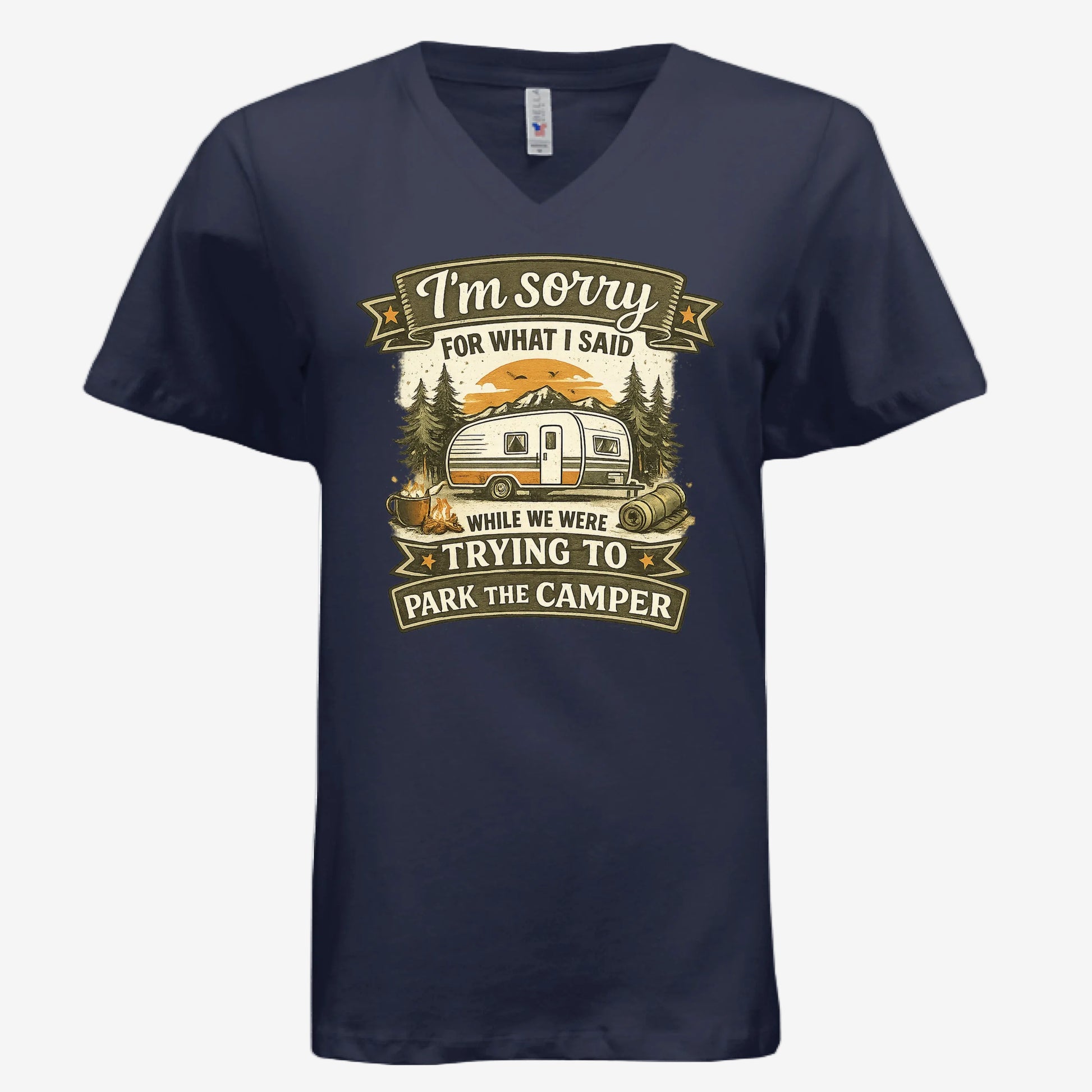 Sorry for What I Said While Parking the RV women’s v-neck graphic t-shirt in navy, front view