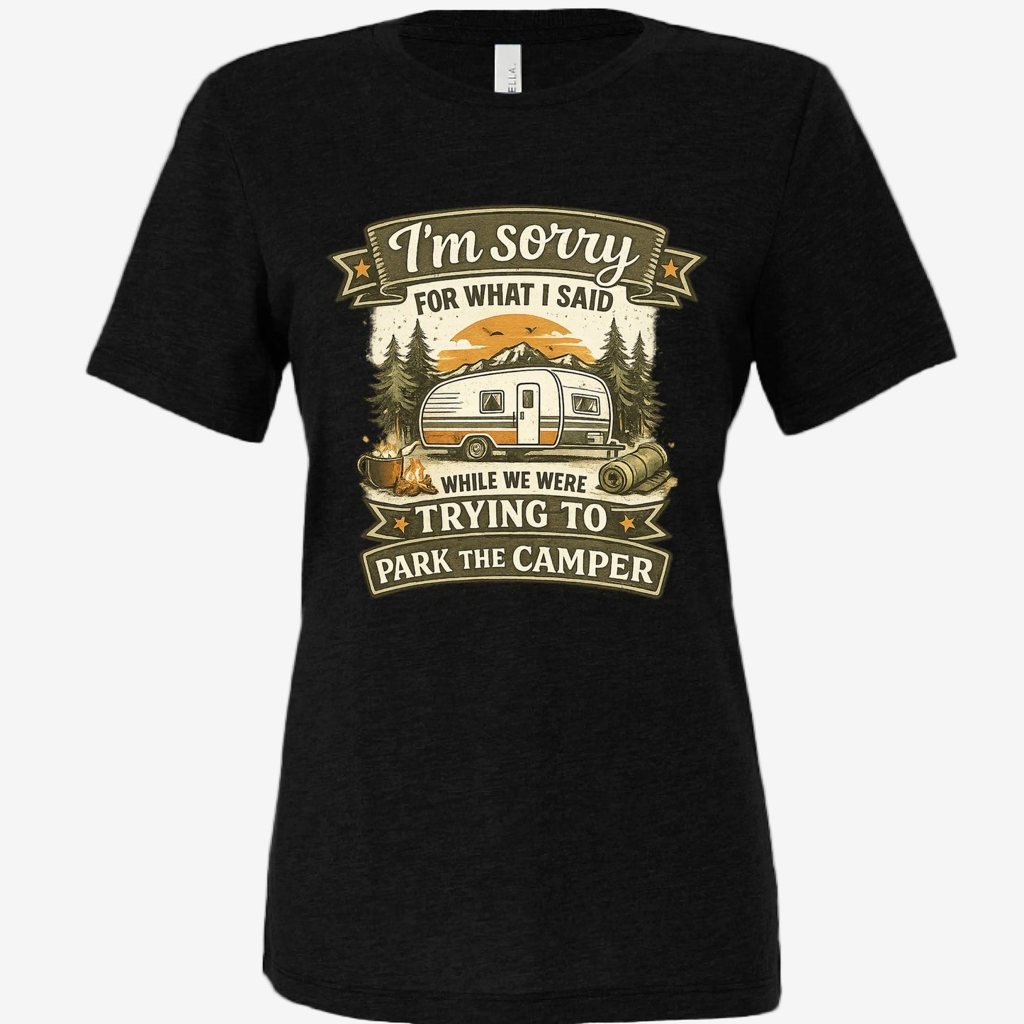 Sorry for What I Said While Trying to Park the RV women’s relaxed triblend t-shirt in black, front view