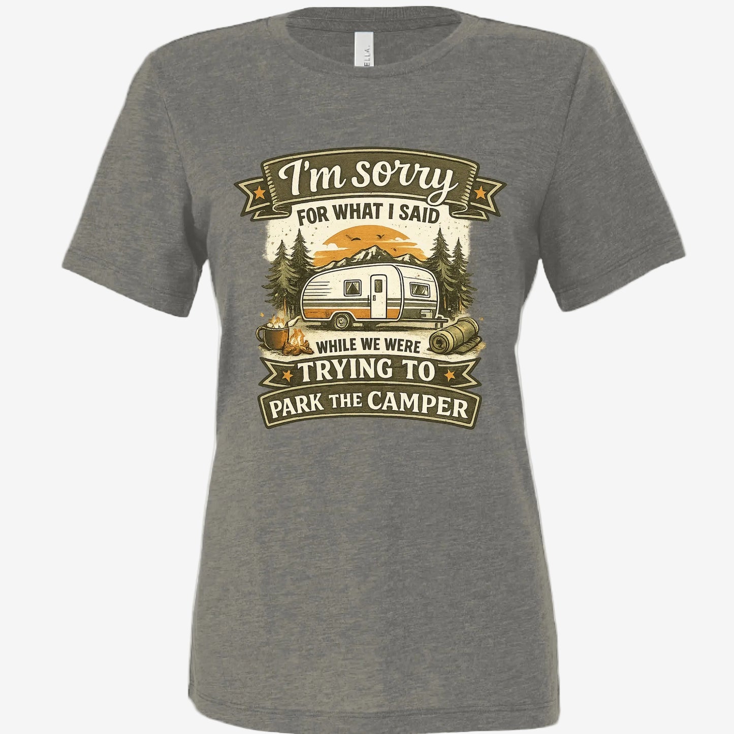 Sorry for What I Said While Trying to Park the RV women’s relaxed triblend t-shirt in charcoal black, front view