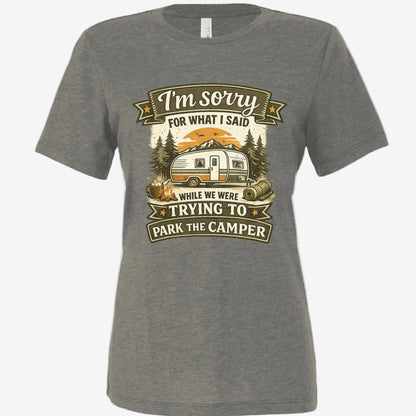 Sorry for What I Said While Trying to Park the RV women’s relaxed triblend t-shirt in charcoal black, front view